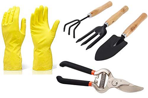 ShopExo Gardening Tools - Reusable Rubber Gloves, Pruners Scissor(Flower Cutter) & Garden Tool Wooden Handle (3pcs-Hand Cultivator, Small Trowel, Garden Fork)