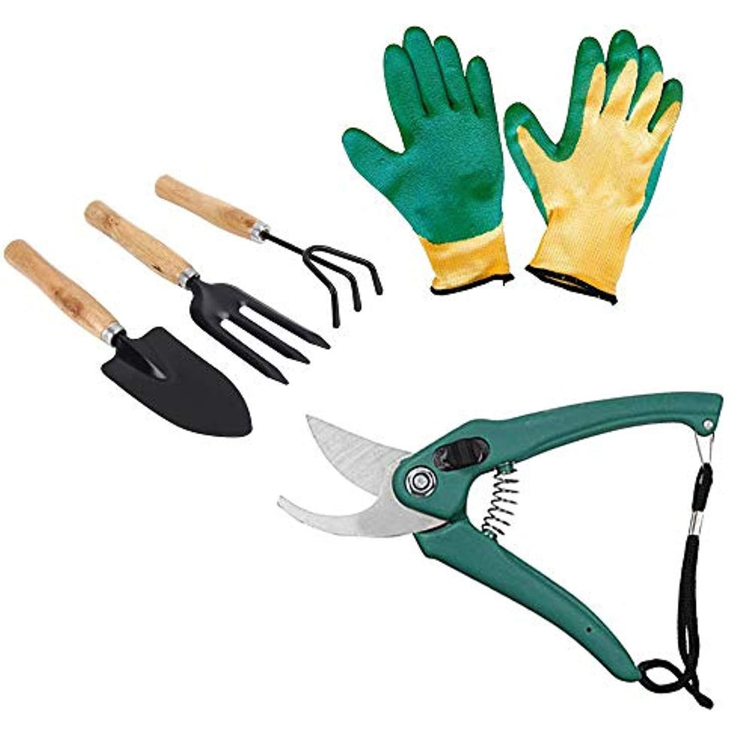 ShopExo Gardening Tools - Falcon Gloves, Flower Cutter/Scissor & Garden Tool Wooden Handle (3pcs-Hand Cultivator, Small Trowel, Garden Fork)