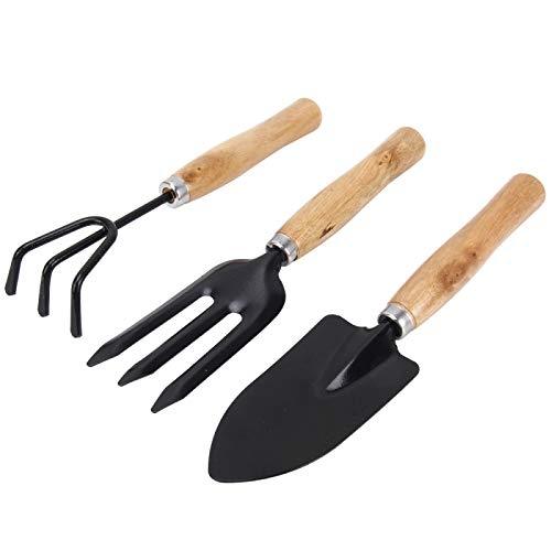 ShopExo Gardening Tools - Reusable Rubber Gloves, Flower Cutter & Garden Tool Wooden Handle (3pcs-Hand Cultivator, Small Trowel, Garden Fork)