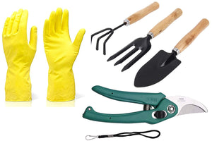 ShopExo Gardening Tools - Reusable Rubber Gloves, Flower Cutter & Garden Tool Wooden Handle (3pcs-Hand Cultivator, Small Trowel, Garden Fork)