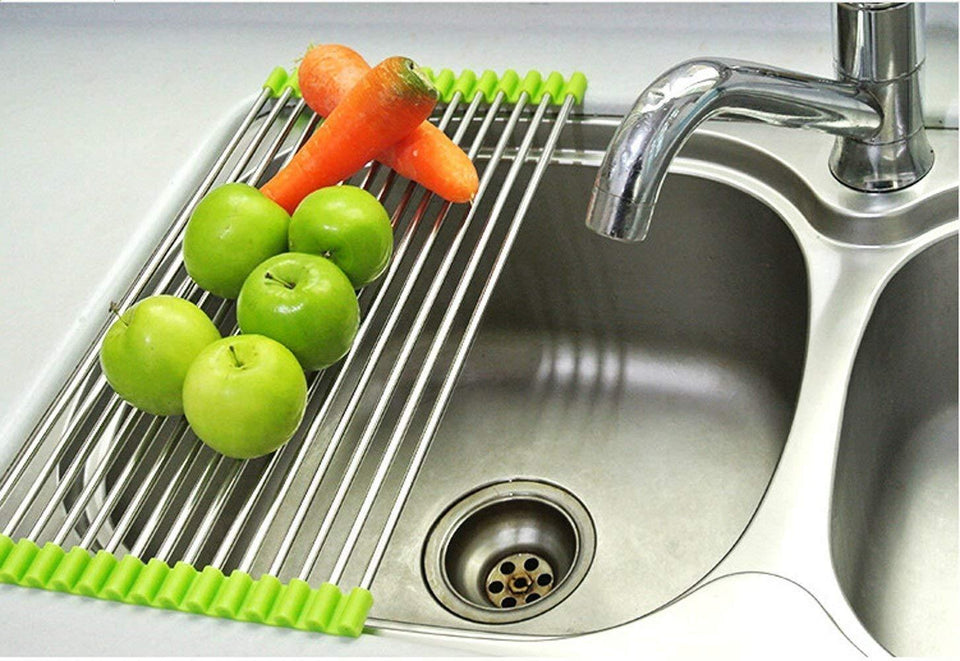 2001_Stainless Steel Sink Folding Fruit Vegetable Drying Drain Rack Dish Drying Rack, Stainless Steel Roll-Up Over Sink Rack Kitchen Foldable Drying Drainer